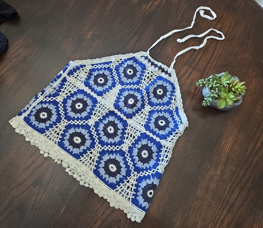 Blue and White Crochet Halter Top